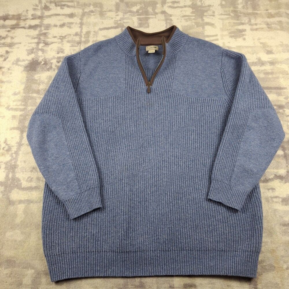 LL Bean 100% Merino Lambswool Sweater Mens 3XLT 1/4 Zip Suede Trim Ribbed Blue